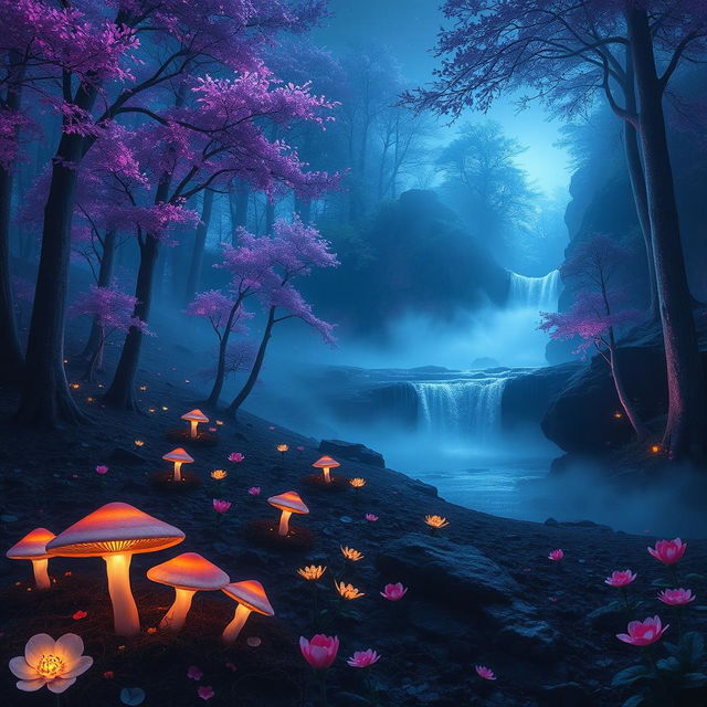 A surreal landscape featuring a mystical forest at twilight, where the trees are tall and ethereal with glowing leaves in shades of violet and blue