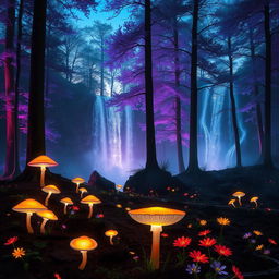 A surreal landscape featuring a mystical forest at twilight, where the trees are tall and ethereal with glowing leaves in shades of violet and blue