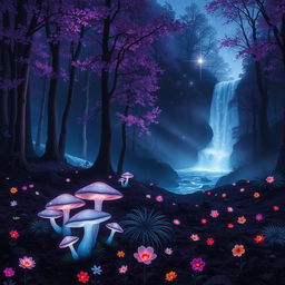 A surreal landscape featuring a mystical forest at twilight, where the trees are tall and ethereal with glowing leaves in shades of violet and blue