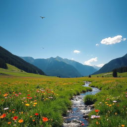 A serene natural landscape featuring a lush green meadow under a clear blue sky, dotted with wildflowers in vibrant colors