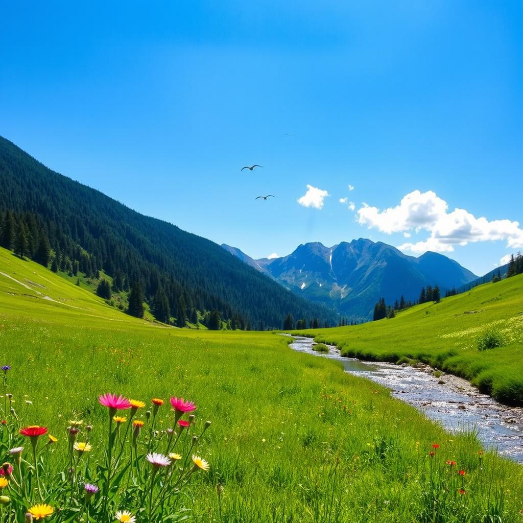 A serene natural landscape featuring a lush green meadow under a clear blue sky, dotted with wildflowers in vibrant colors