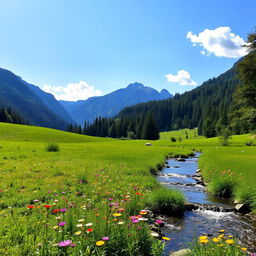 A serene natural landscape featuring a lush green meadow under a clear blue sky, dotted with wildflowers in vibrant colors
