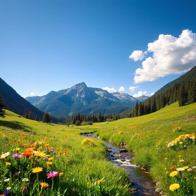 A serene natural landscape featuring a lush green meadow under a clear blue sky, dotted with wildflowers in vibrant colors