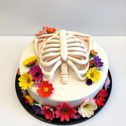 A creatively designed cake inspired by a medical theme, featuring a detailed representation of human rib cage as the main structure of the cake