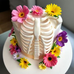 A creatively designed cake inspired by a medical theme, featuring a detailed representation of human rib cage as the main structure of the cake