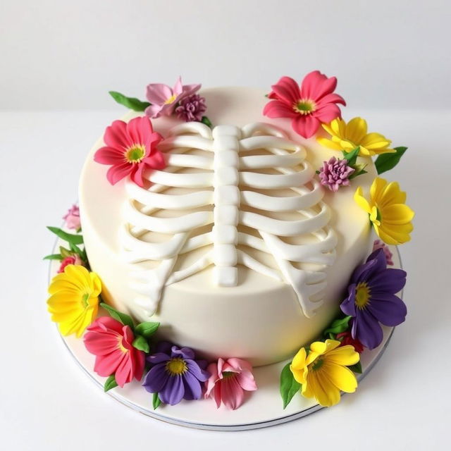 A creatively designed cake inspired by a medical theme, featuring a detailed representation of human rib cage as the main structure of the cake