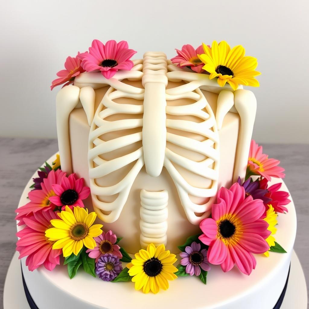 A creatively designed cake inspired by a medical theme, featuring a detailed representation of human rib cage as the main structure of the cake