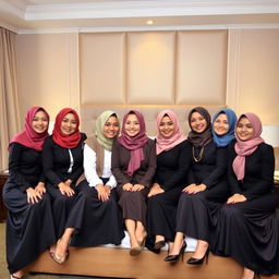 Seven beautiful women wearing headscarves, dressed in professional office attire with long skirts, sitting gracefully on a bed in a hotel room