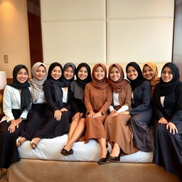 Seven beautiful women wearing headscarves, dressed in professional office attire with long skirts, sitting gracefully on a bed in a hotel room