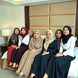 Seven beautiful women wearing headscarves, dressed in professional office attire with long skirts, sitting gracefully on a bed in a hotel room