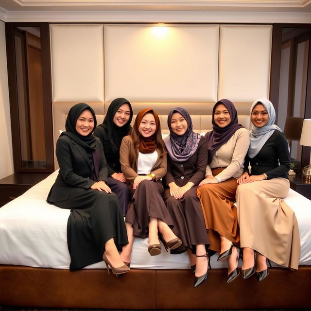 Seven beautiful women wearing headscarves, dressed in professional office attire with long skirts, sitting gracefully on a bed in a hotel room