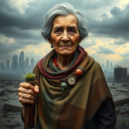 An artistic depiction of an elderly woman with a resilient spirit, standing amid a post-apocalyptic landscape that hints at a recent nuclear event