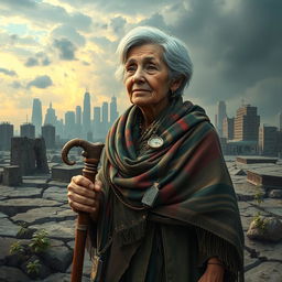 An artistic depiction of an elderly woman with a resilient spirit, standing amid a post-apocalyptic landscape that hints at a recent nuclear event