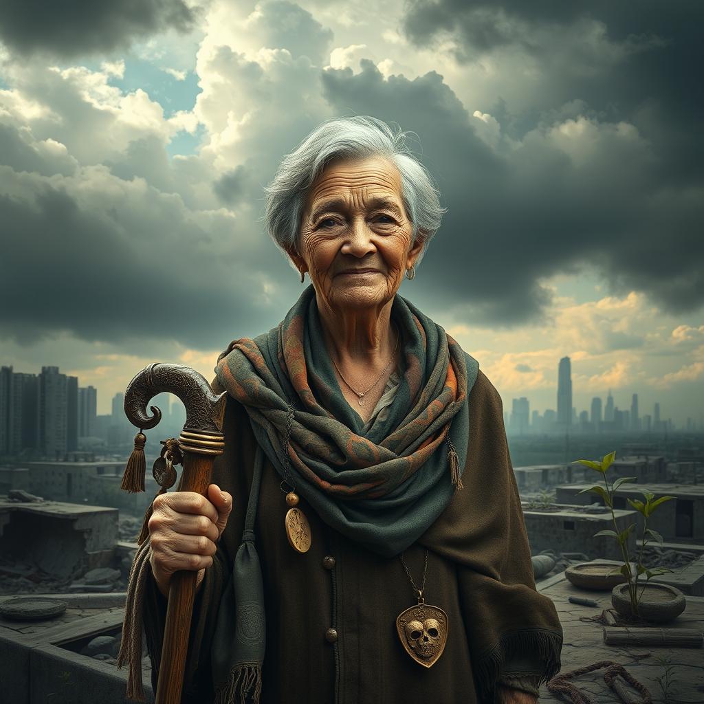 An artistic depiction of an elderly woman with a resilient spirit, standing amid a post-apocalyptic landscape that hints at a recent nuclear event