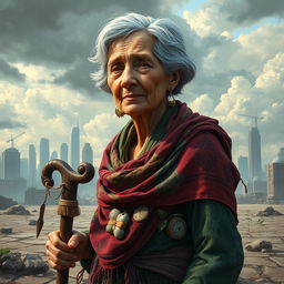An artistic depiction of an elderly woman with a resilient spirit, standing amid a post-apocalyptic landscape that hints at a recent nuclear event
