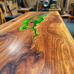 A detailed close-up image of a beautifully crafted wooden tabletop, where the natural wooden grain is enriched by a vibrant green epoxy resin fill in the cracks and knots