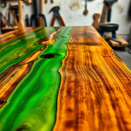A detailed close-up image of a beautifully crafted wooden tabletop, where the natural wooden grain is enriched by a vibrant green epoxy resin fill in the cracks and knots