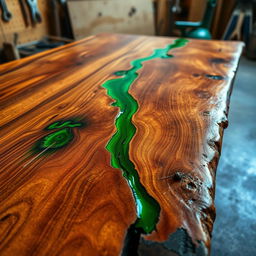 A detailed close-up image of a beautifully crafted wooden tabletop, where the natural wooden grain is enriched by a vibrant green epoxy resin fill in the cracks and knots