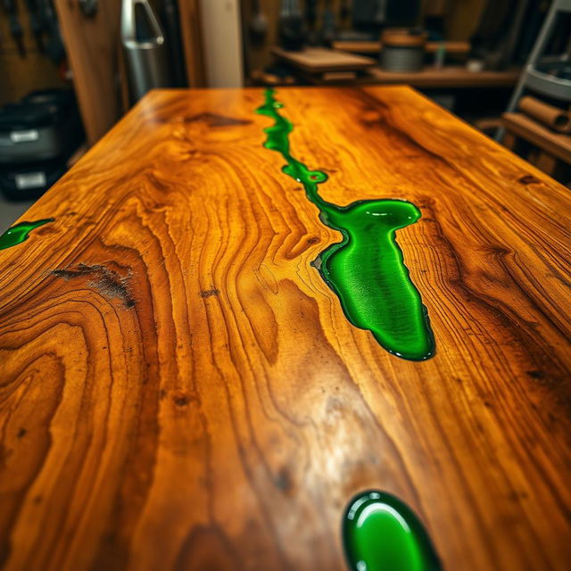 A detailed close-up image of a beautifully crafted wooden tabletop, where the natural wooden grain is enriched by a vibrant green epoxy resin fill in the cracks and knots