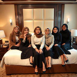 Seven beautiful and sexy women in stylish hijabs, wearing office attire with long skirts, gracefully seated on a luxurious hotel bed