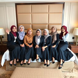 Seven beautiful and sexy women in stylish hijabs, wearing office attire with long skirts, gracefully seated on a luxurious hotel bed
