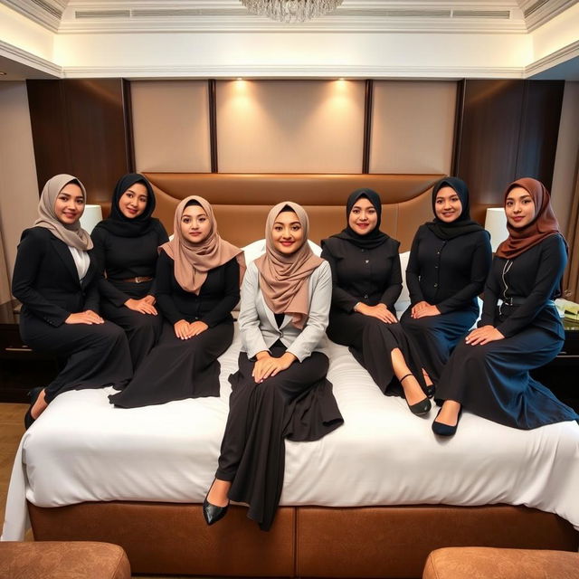 Seven beautiful and sexy women in stylish hijabs, wearing office attire with long skirts, gracefully seated on a luxurious hotel bed