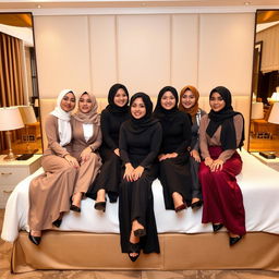 Seven beautiful and sexy women in stylish hijabs, wearing office attire with long skirts, gracefully seated on a luxurious hotel bed