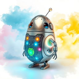 A whimsical robot shaped like an elongated egg, featuring a shiny metallic surface with intricate circuitry patterns, and bright LED lights glowing in various colors