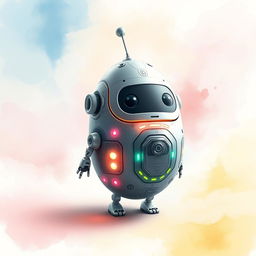 A whimsical robot shaped like an elongated egg, featuring a shiny metallic surface with intricate circuitry patterns, and bright LED lights glowing in various colors