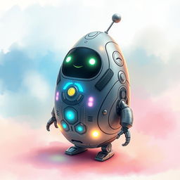 A whimsical robot shaped like an elongated egg, featuring a shiny metallic surface with intricate circuitry patterns, and bright LED lights glowing in various colors