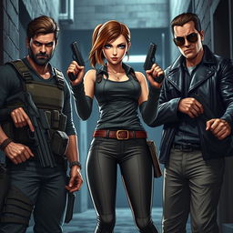 A dynamic trio in an urban setting: Central character is a girl standing confidently in the middle, wearing a stylish outfit that contrasts her tough demeanor