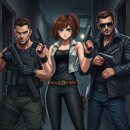 A dynamic trio in an urban setting: Central character is a girl standing confidently in the middle, wearing a stylish outfit that contrasts her tough demeanor