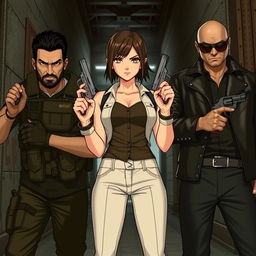 A dynamic trio in an urban setting: Central character is a girl standing confidently in the middle, wearing a stylish outfit that contrasts her tough demeanor