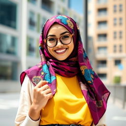 A fashionable young woman wearing a stylish hijab, showcasing a vibrant and trendy outfit