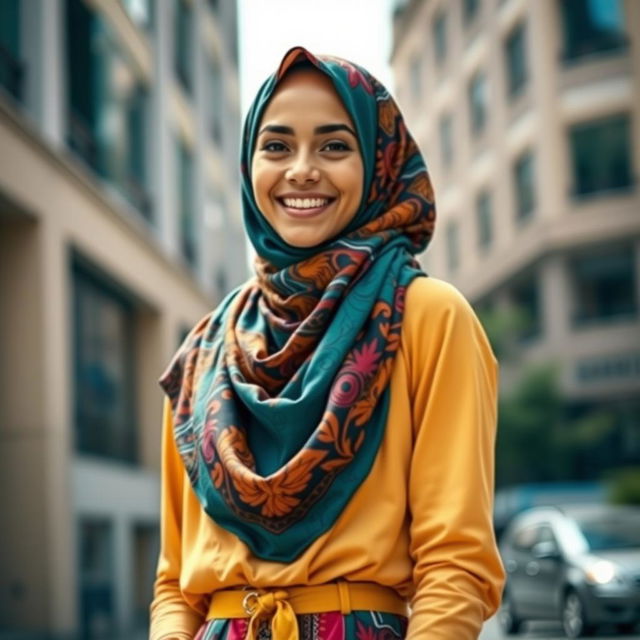 A fashionable young woman wearing a stylish hijab, showcasing a vibrant and trendy outfit