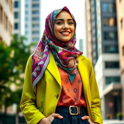 A fashionable young woman wearing a stylish hijab, showcasing a vibrant and trendy outfit