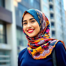 A fashionable young woman wearing a stylish hijab, showcasing a vibrant and trendy outfit