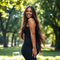 A beautiful and confident woman standing in a serene outdoor setting, surrounded by lush green trees and soft sunlight filtering through the leaves