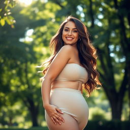 A beautiful and confident woman standing in a serene outdoor setting, surrounded by lush green trees and soft sunlight filtering through the leaves