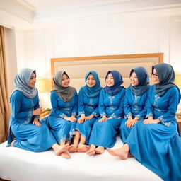 Seven beautiful girls in headscarves, resembling Korean style, wearing bright blue baju kurung, sitting on a bed in a hotel room