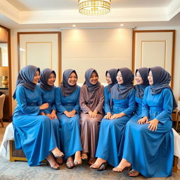 Seven beautiful girls in headscarves, resembling Korean style, wearing bright blue baju kurung, sitting on a bed in a hotel room