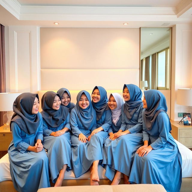 Seven beautiful girls in headscarves, resembling Korean style, wearing bright blue baju kurung, sitting on a bed in a hotel room