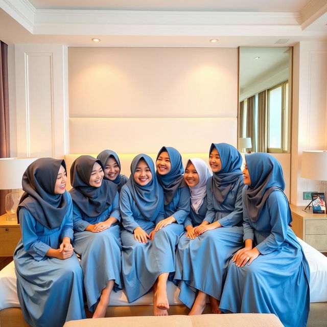 Seven beautiful girls in headscarves, resembling Korean style, wearing bright blue baju kurung, sitting on a bed in a hotel room