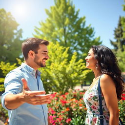 A warm and friendly scene in a park where two people, a man and a woman, are smiling and greeting each other