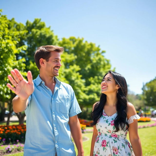 A warm and friendly scene in a park where two people, a man and a woman, are smiling and greeting each other