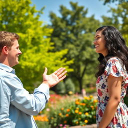 A warm and friendly scene in a park where two people, a man and a woman, are smiling and greeting each other