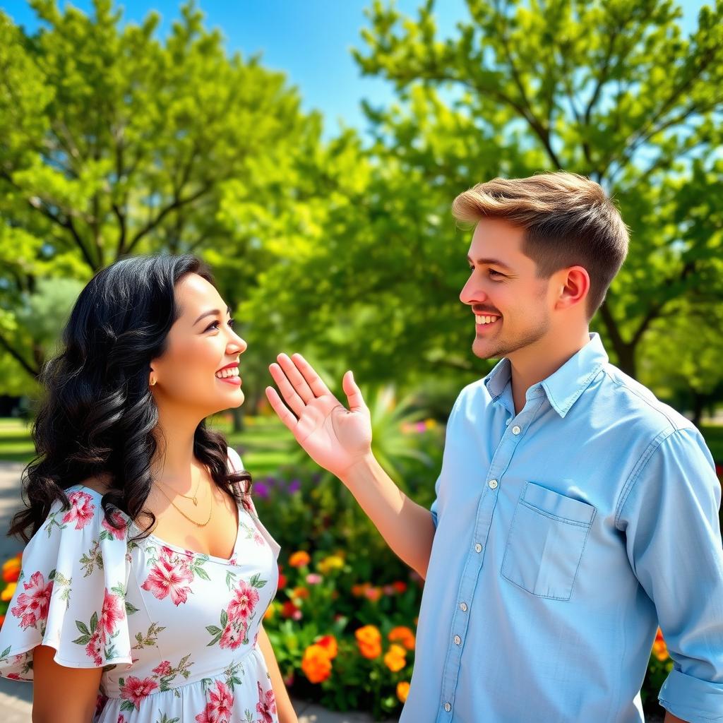 A warm and friendly scene in a park where two people, a man and a woman, are smiling and greeting each other