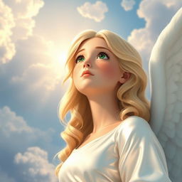 A beautiful angel gazing up at the sky while speaking to God