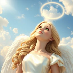 A beautiful angel gazing up at the sky while speaking to God