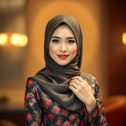 A beautiful woman wearing an elegant hijab and a stylish, sexy baju kurung